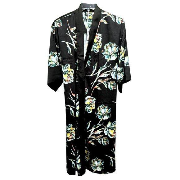 SOMA Satin Kimono Robe Impressions Floral Black Midi Wide Flowy Sleeves Sz S/M - Picture 4 of 11